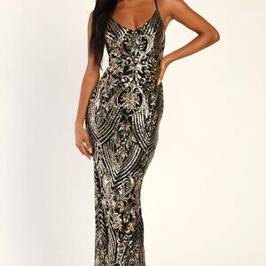 Lulus Truly Alluring Black And Gold Sequin Mermaid Maxi Dress - Size M